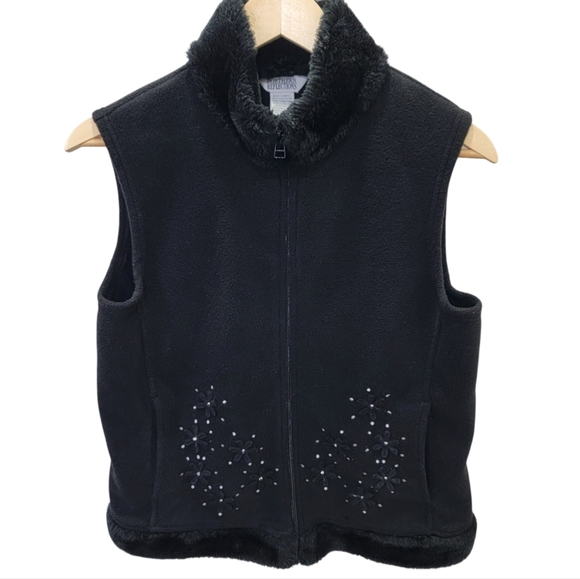 Vintage Northern Reflections Fleece Vest Black Faux Fur Trim Cozy Warm Women’s S - Picture 3 of 17